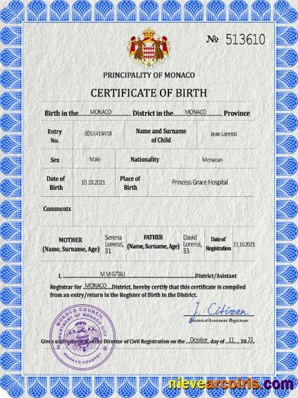 Monaco vital record birth certificate